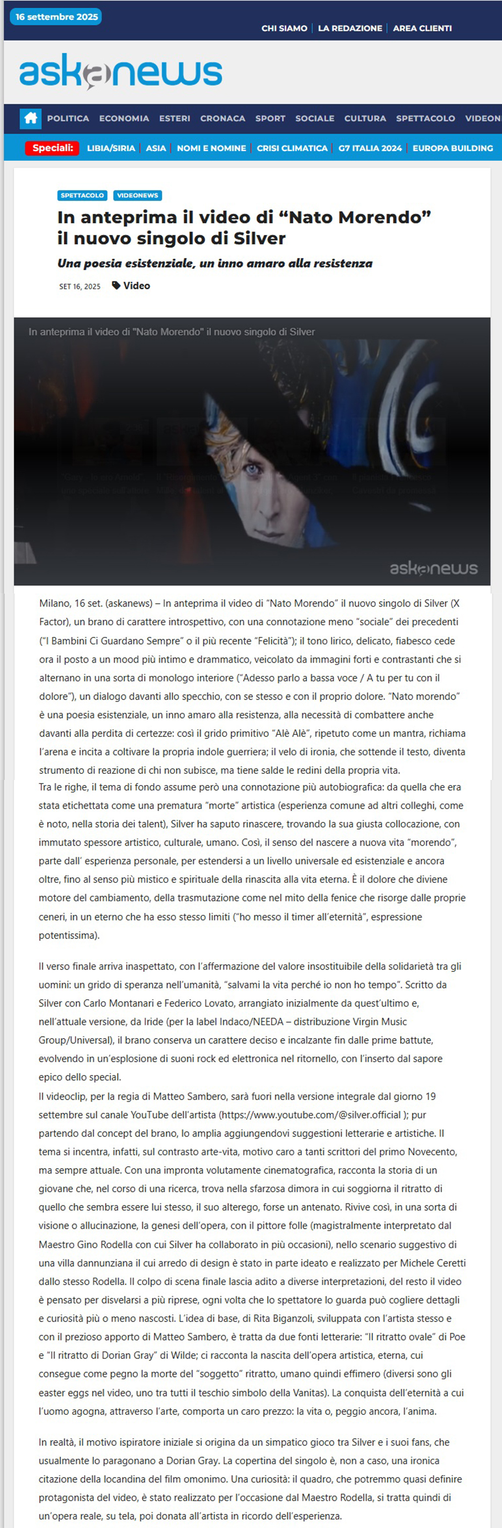 Silver su Aska News, anteprima video Nato Morendo