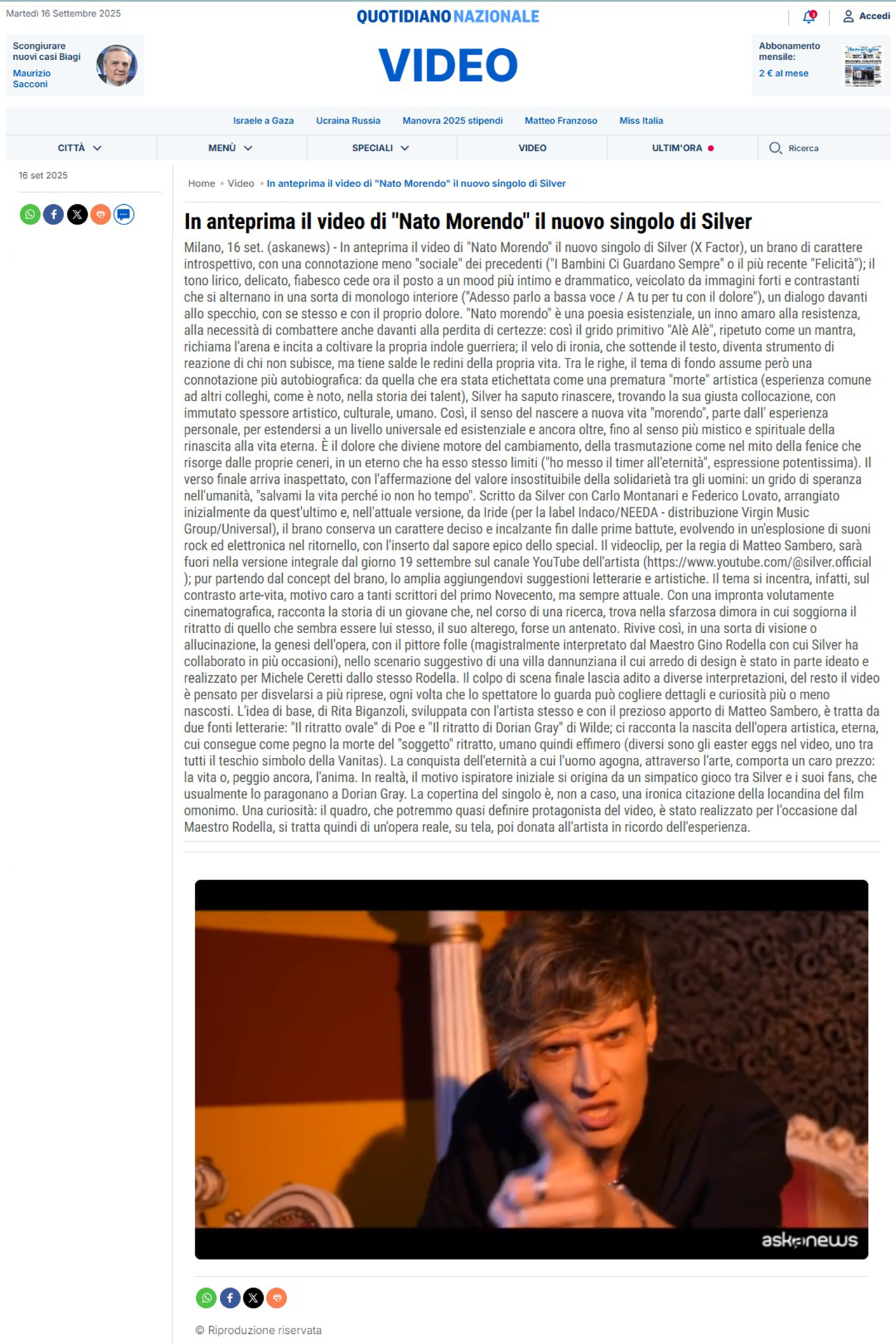 Silver su QN - Il Giorno - Il resto del Carlino - La Nazione (16-09-2025)