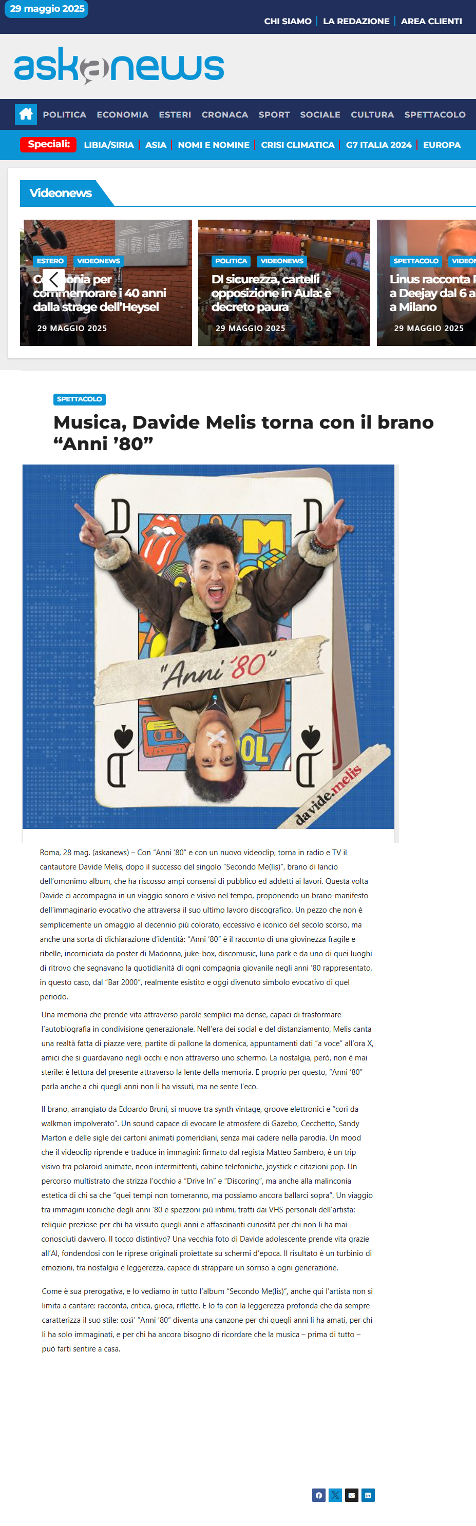 Davide Melis su AskaNews (29-05-2025)