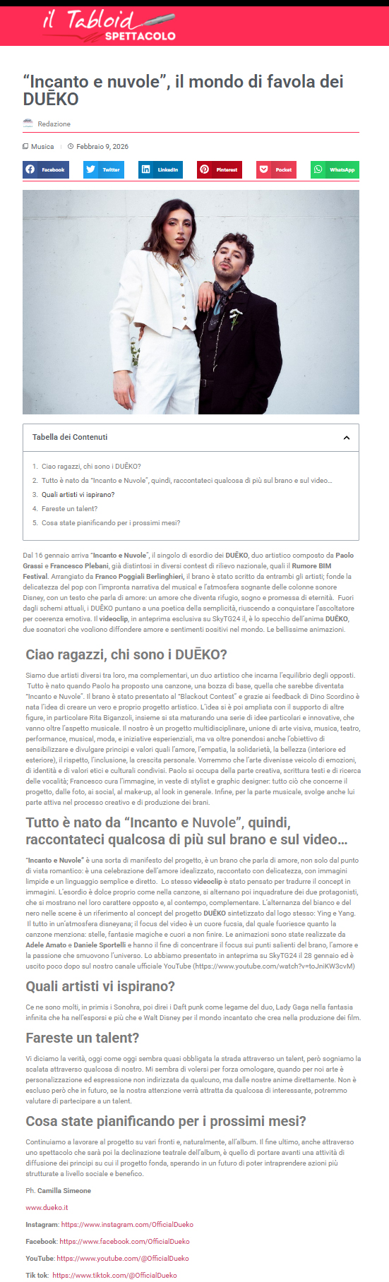 DUĒKO  su Il Tabloid  del 10-02-2026