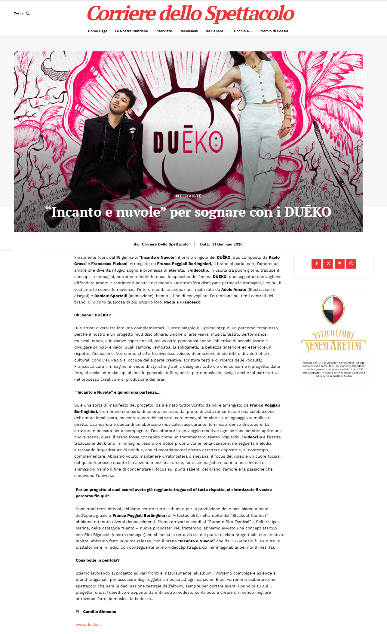 DUĒKO su Corriere dello Spettacolo (21-01-2026)